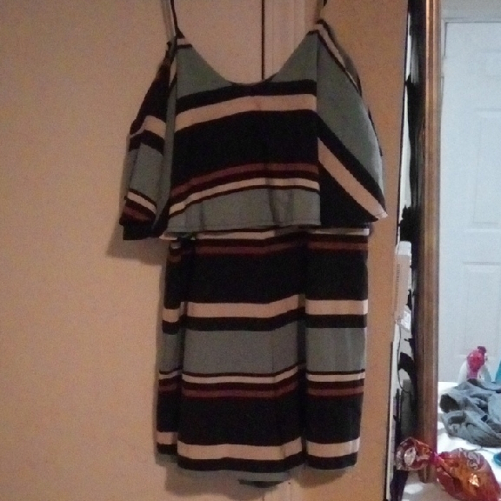 L'ATISTE Black and Blue Striped Mini Dress